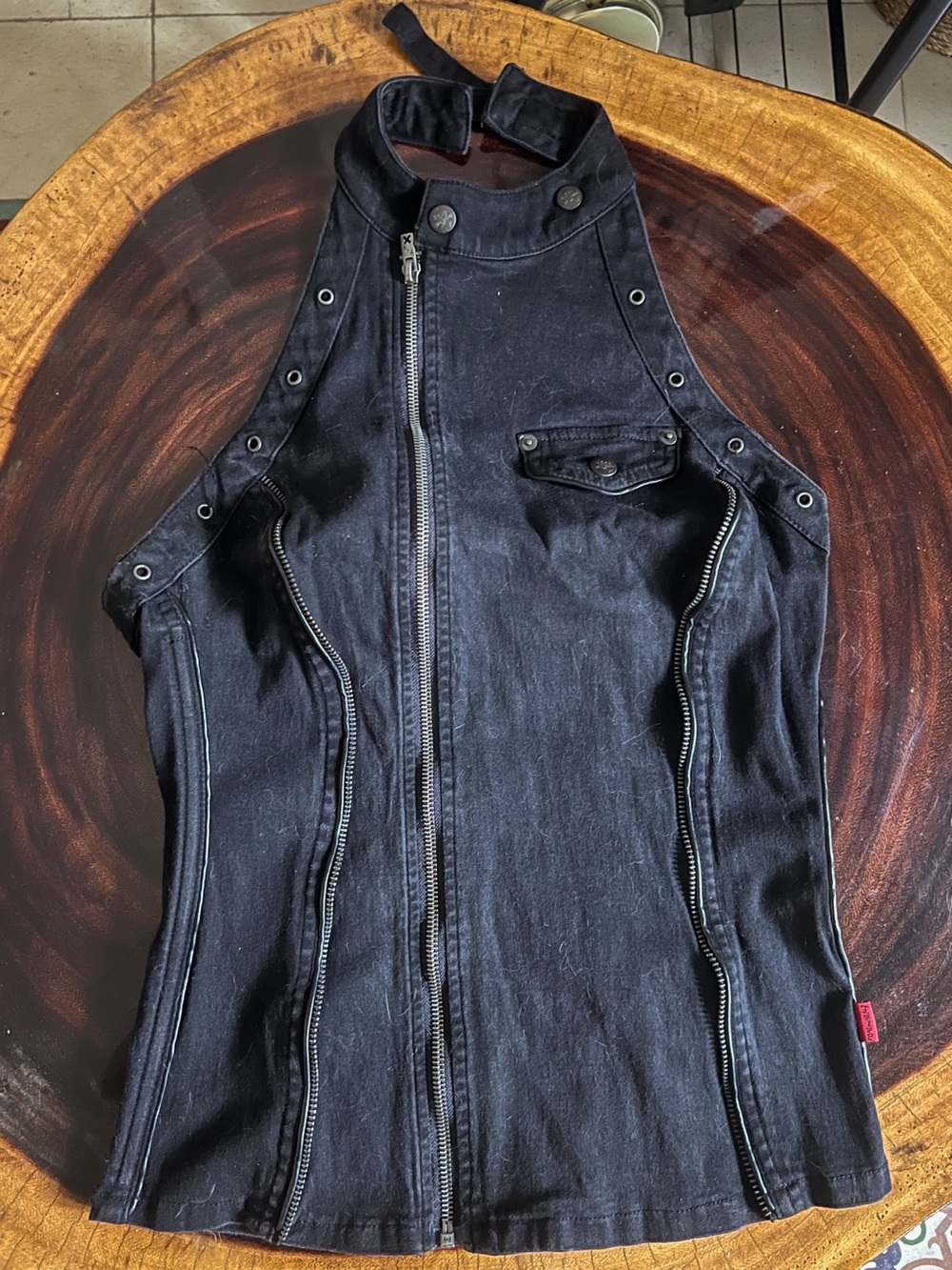 Tripp nyc Black Goth Vintage Zip-Front Halter Tank with Snap Collar